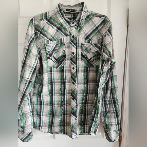 Carbon ButtonUp Shirt Mens M Long Sleeve Green Plaid Pearl Button Pocket Western - Picture 1 of 9